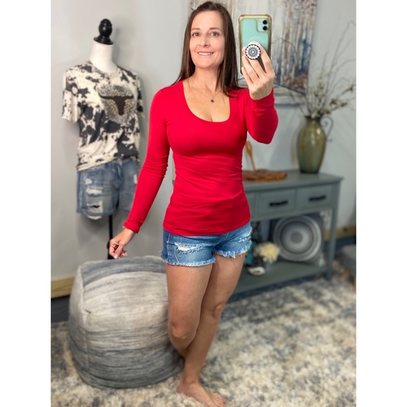 ❤️‍🔥Scoop Stretch Slimming Fitted Long Sleeve Shirt Red 1822 - Picture 4 of 9